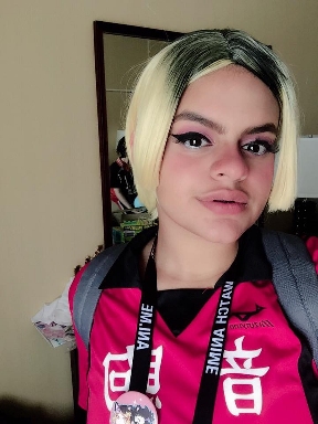 Mya in 2017 at Anime Midwest, joining a Haikyuu group cosplay as Kenma Kosume 